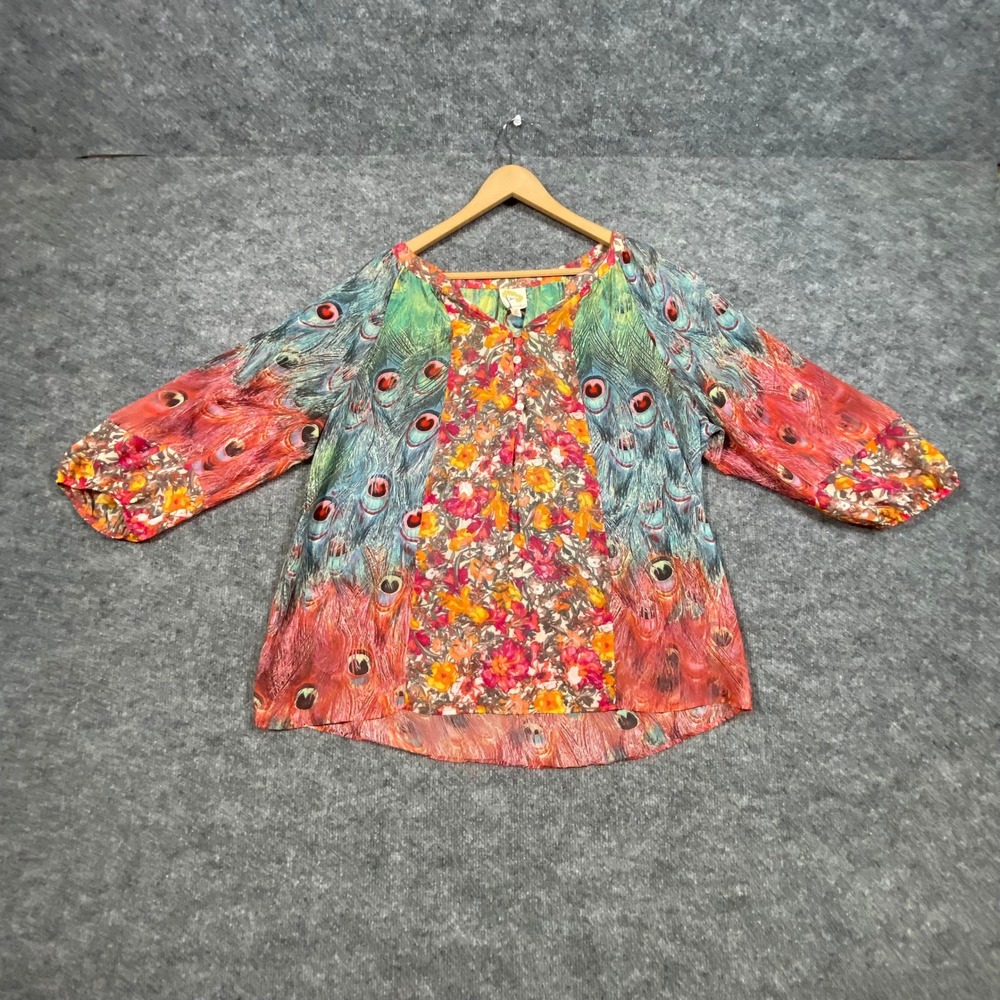 Fig and Flower Peacock Floral Print Blouse XL Multicolor 3/4 Sleeve CLA491
